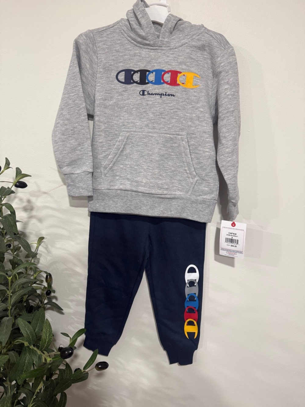 Champion Kids Gray Hoodie & Navy Joggers with Multi-Color Logo